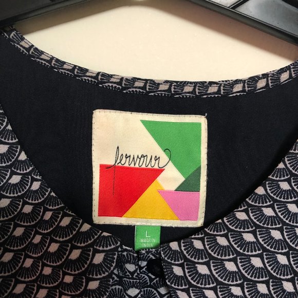 Navy Blue Dress with Light Blue Fan Pattern - Forever - Size L - Picture 2 of 8